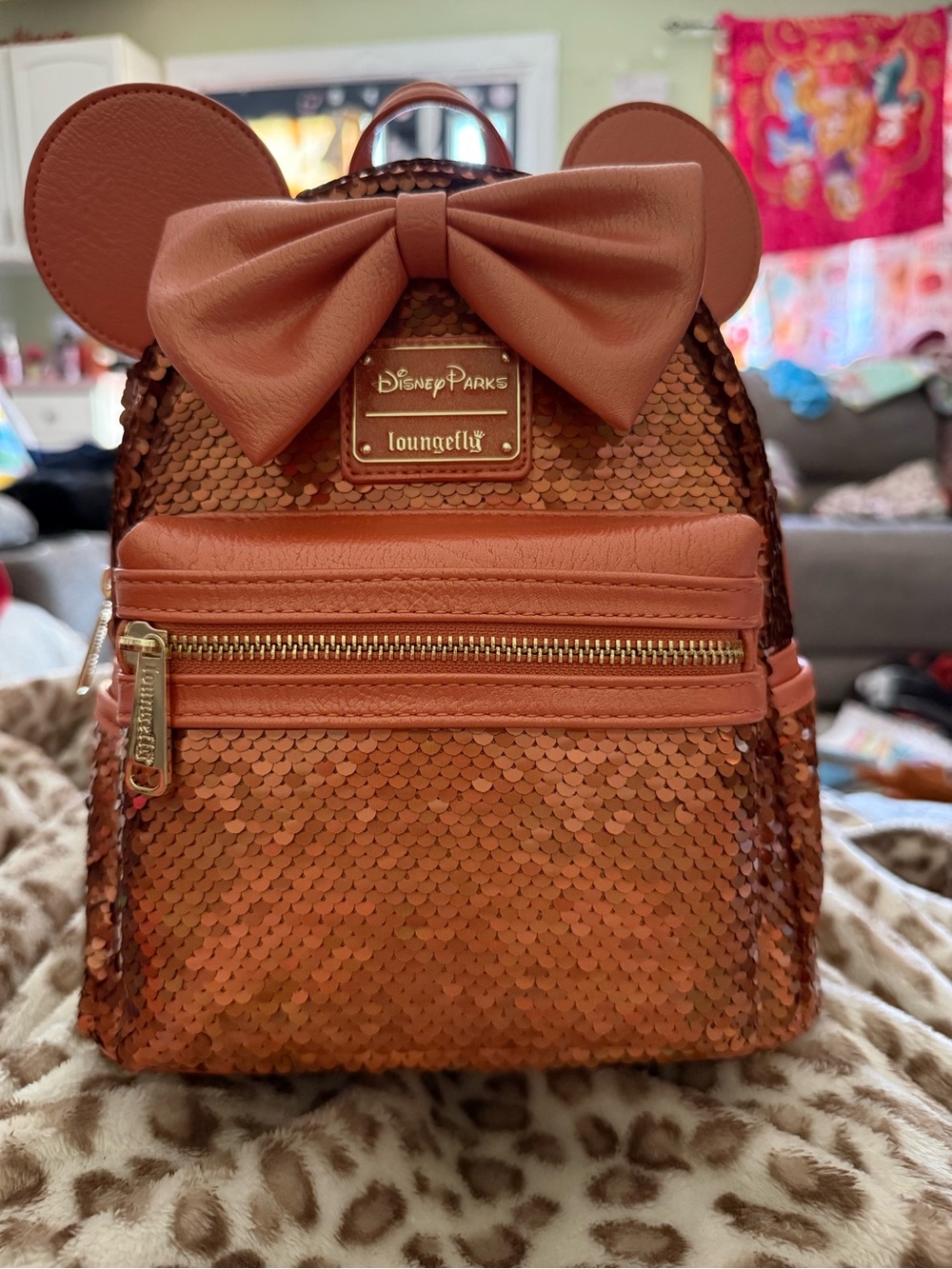 Loungefly peach punch (orange) Sequin Mini Backpack with Bow and Ears